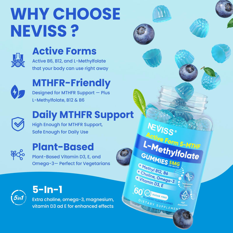 NEVISS L Methylfolate 5mg Gummies & Methyl B12 B6, Active 5-MTHF Form, 60Ct | Methyl Folate with Methyl B Complex, Choline, Omega-3, Magesium for Focus, Energy, Mood, Fetal Development, Vegan, Sugar Free 60 Count (Pack of 1)