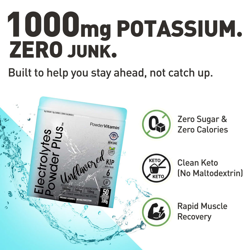 PowderVitamin Electrolytes Powder Plus - 50 Servings - Unflavored | Sugar-Free Hydration Powder, 1000mg Potassium, 120mg Magnesium, 120 mg Calcium, Himalayan Salt, Vitamin C & Zinc, USA Made 50 Servings (Pack of 1)