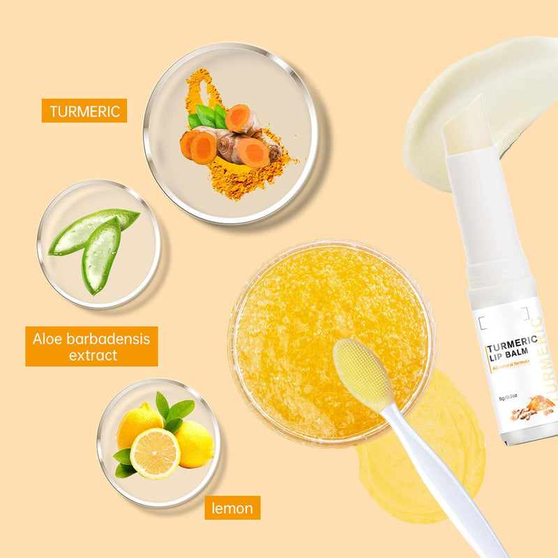Turmeric Lemon Lip Scrub and Turmeric Lip Balm for Dark Lips to Lighten with Brush Set, 3PCS Lips Scrubber Exfoliator & Blam, Natural Exfoliator & Moisturizer for Dry, Chapped, Reduce Fine Lines - BeesActive Australia