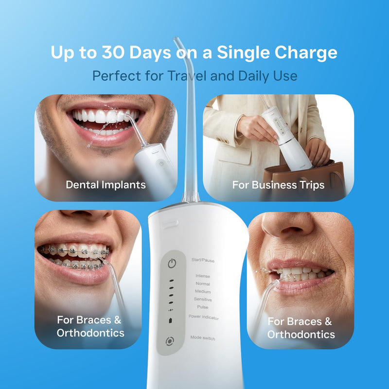 Water Flosser Cordless Oral Irrigator 300ML Detachable Water Tank Rechargeable Electric Dental Flosser 5 Modes Waterproof Teeth Cleaner Teeth Pick Portable for Braces & Sensitive Gums Travel – White