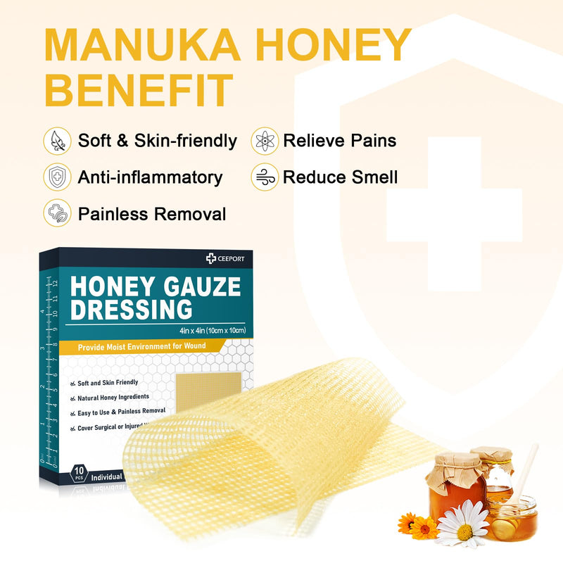 Ceeport Manuka Honey Gauze Wound Dressing, 4" x 4", 10 Individual Pack Honey Gauze 4'' x 4'' - 10 Pack