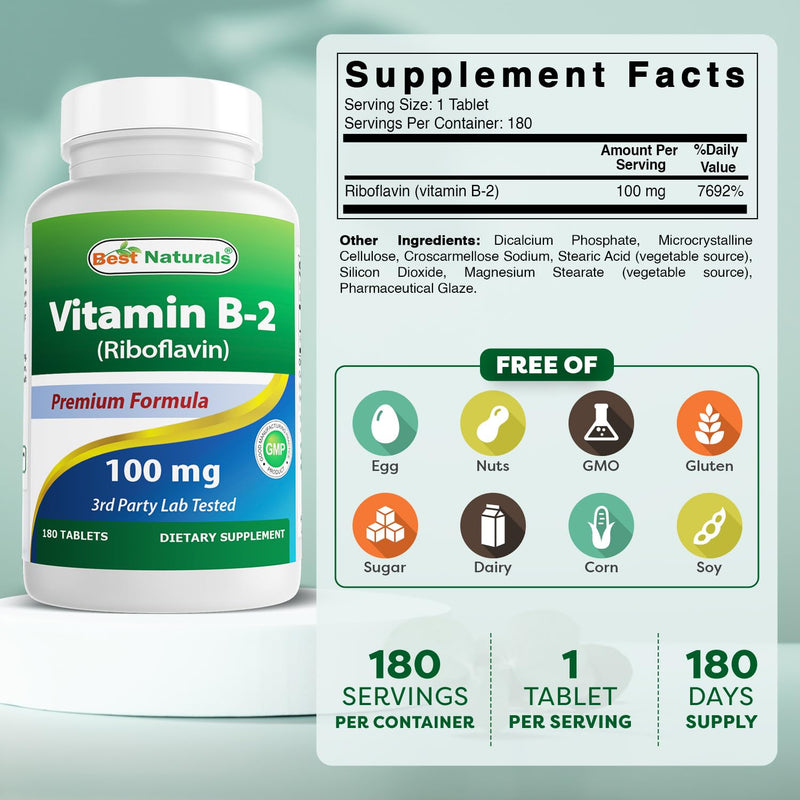 Best Naturals Vitamin B2 (Riboflavin) 100 mg 180 Tablets - Premium Formula - 3rd Party Lab Tested 180 Count (Pack of 1)