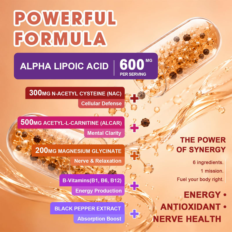 Migcopat R Alpha Lipoic Acid 600mg Neuropathy Supplement 120 Caps | ALCAR, NAC, Magnesium & Active B-Vitamins | Antioxidant for Energy & Nervous System, Non-GMO, Vegan