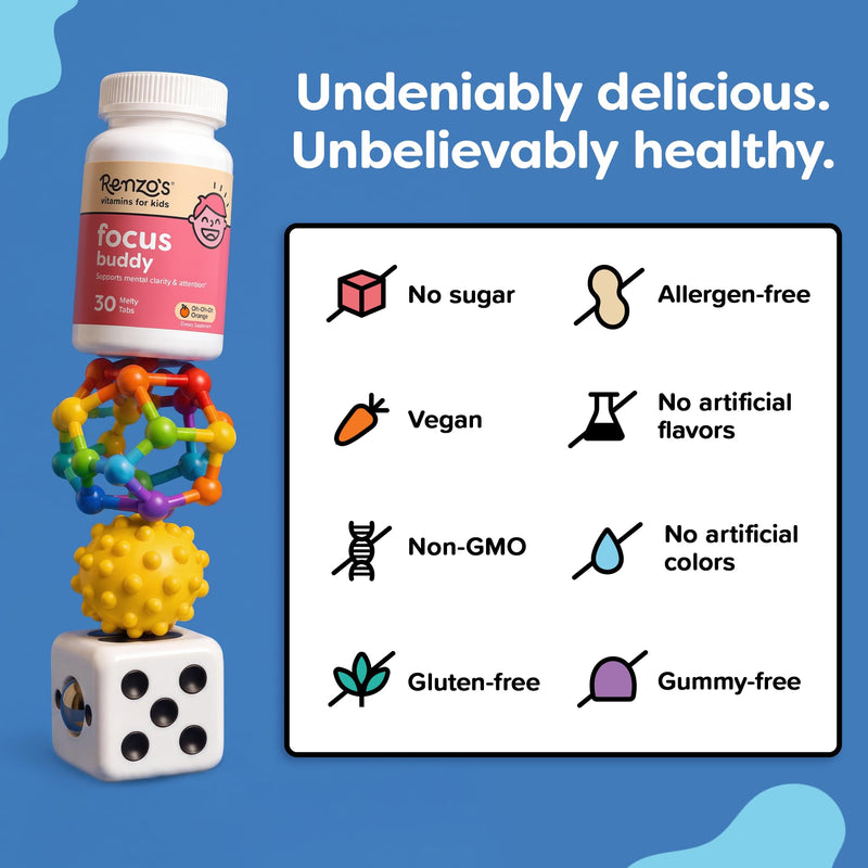 Renzo's Focus Buddy Kids Brain Support, Dissolvable Tabs, 30-Count | Citicoline, Lutein, B12, Folate, Focus & Attention Support, Stimulant-Free, Sugar-Free, Orange Flavor, 1-Month Supply