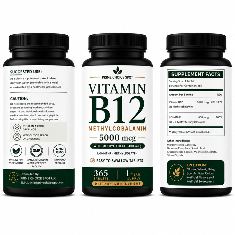 Vitamin B12 5000mcg with Methyl Folate, Methylcobalamin, 365 Tablets | 5000mcg Methylcobalamin + 400mcg L-5-MTHF • One Daily Tablet • Non-GMO • Vegetarian