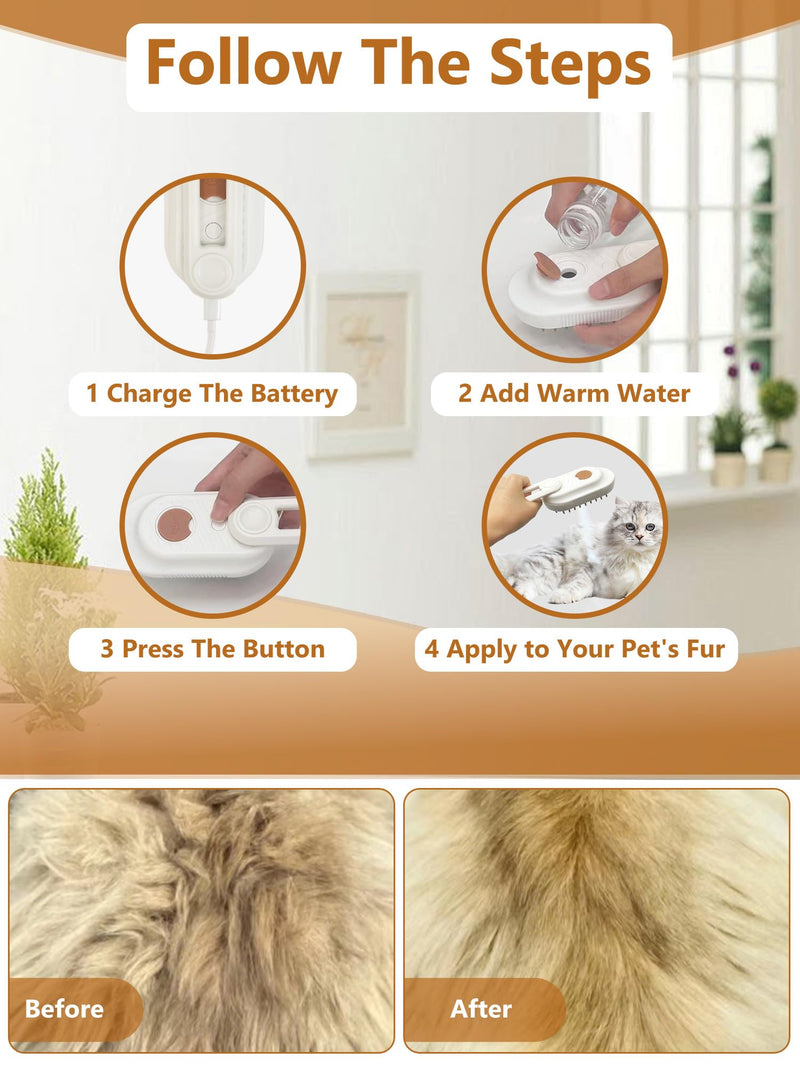 Cat Steam Brush, Rechargeable Steamy Pet Grooming Brush For Shedding, Silicone Water Spray Massage Brush, Cat Hair Removal Brush Self Cleaning Brush Steamer Wet Cat Spa Brush Cat Comb (White) - BeesActive Australia