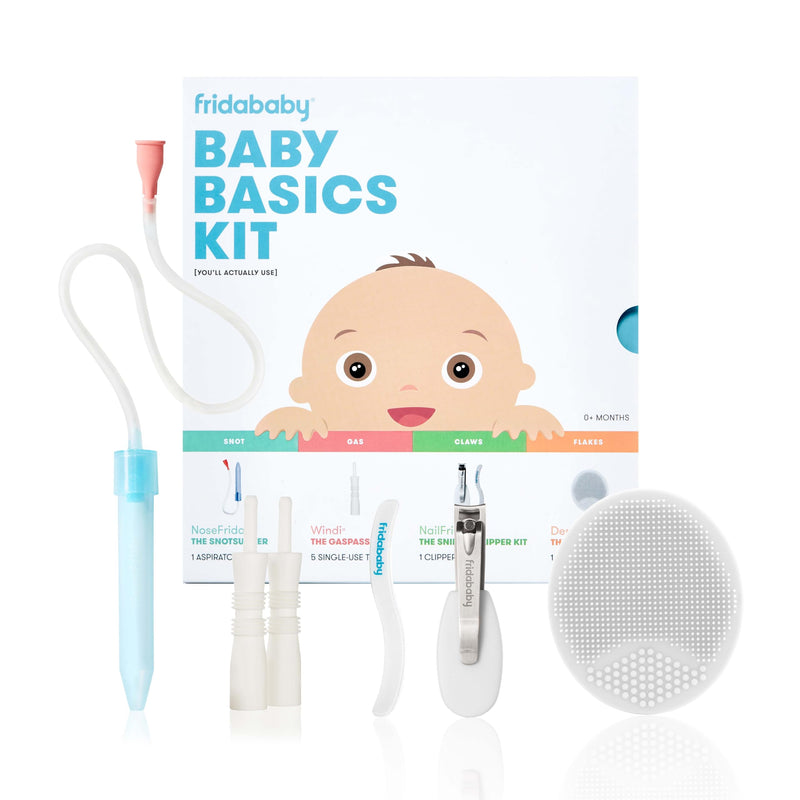 Frida Baby Basics Kit, 6pc Baby Essentials Kit Includes Nasal Aspirator Snotsucker, NailFrida Nail Files, Windi Gas Relief, DermaFrida Bath Brush + Silicone Carry Case 6 Count (Pack of 1)