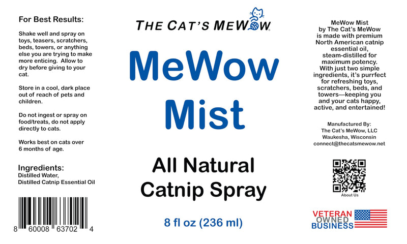 The Cat's MeWow - MeWow Mist - All Natural Extremely Potent Catnip Spray for Toys, Teasers, Kickers, Beds, Towers, Scratchers, and More. 8 fl oz Made in America
