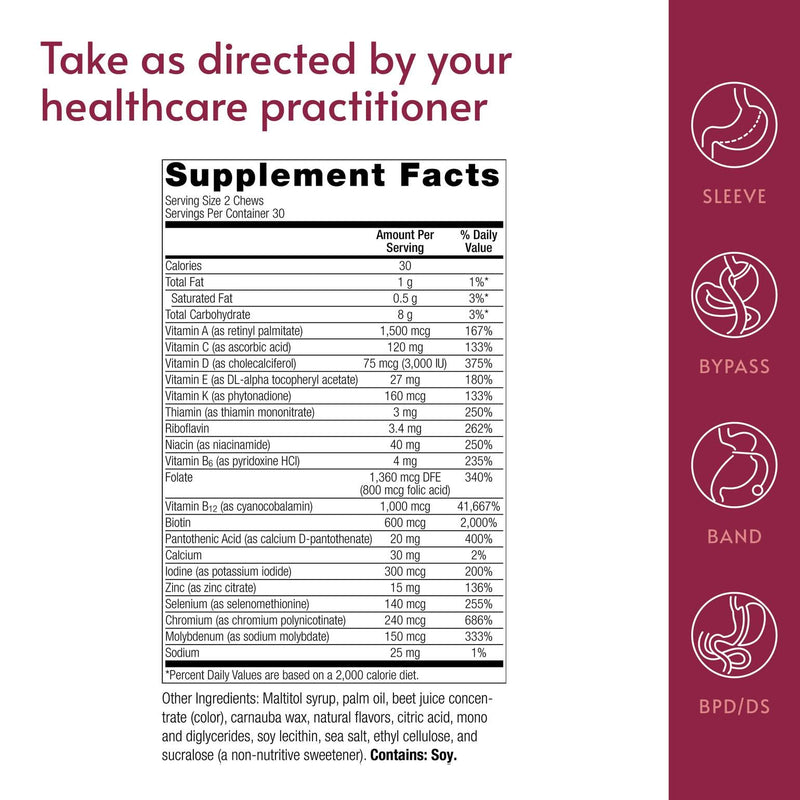 Bariatric Advantage Multi Chewy Bite, Dark Cherry, 60 Count | Soft Chew Multivitamin for Bariatric Surgery Patients, Chewable Multivitamin with Folic Acid, Vitamin D3 and More
