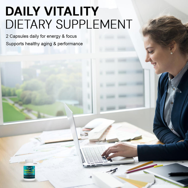 NAD+ Resveratrol Supplement with Quercetin – NMN Alternative for Cellular Energy Support, Focus & Healthy Aging – High Potency 500mg NAD+ Formula, Vegan, Non-GMO, Gluten-Free, Made in USA, 60 Capsules