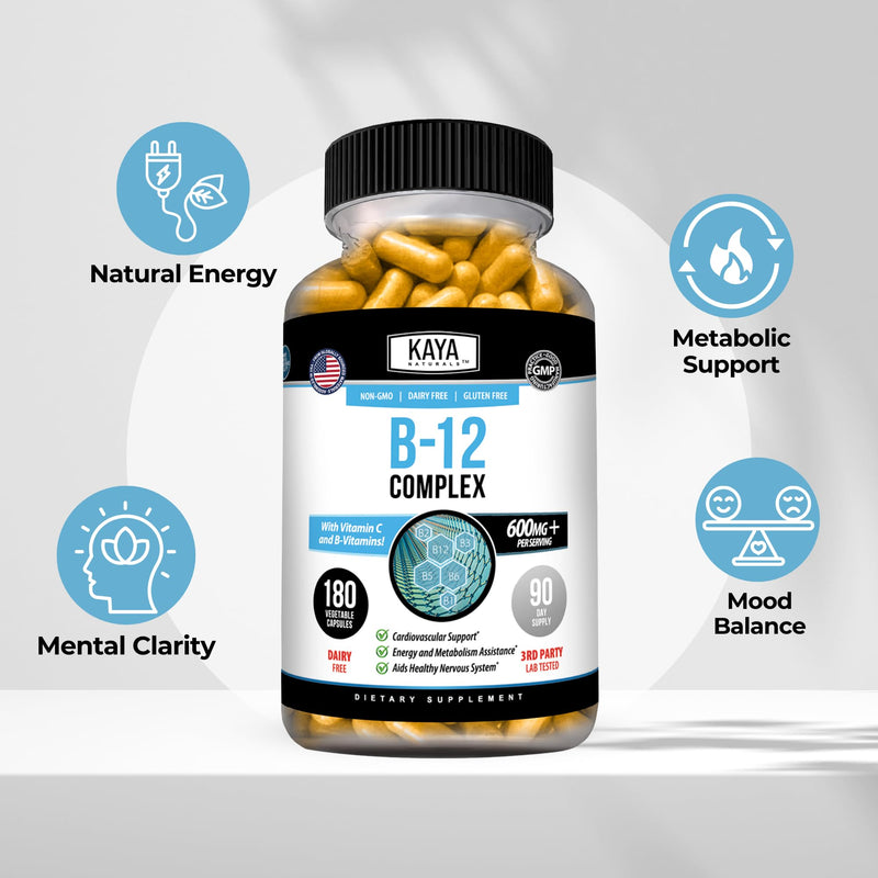 Kaya Naturals B-12 Complex Multivitamin for Women & Men, 180 Count | Energy and Metabolism Booster, With Biotin, Choline, Inositol, Folate and Vitamin C 180 Count (Pack of 1)