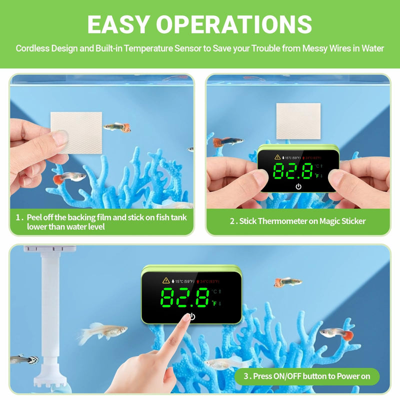 MoonOrange Digital Aquarium Thermometer, Stick-on Fish Tank Thermometer with LED Display, Wireless Aquarium Temperature Measurement with Battery-Change Tool and Extra Sticker.(Green*2) Green-2 Pack - BeesActive Australia