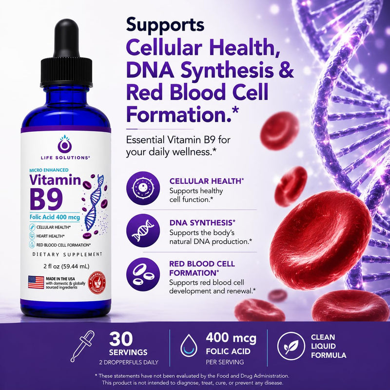 Life Solutions Vitamin B9 Liquid Drops, Folic Acid 400 mcg, 2 fl oz | 400 mcg folic acid per serving in convenient liquid drops with a precision dropper for easy daily use.