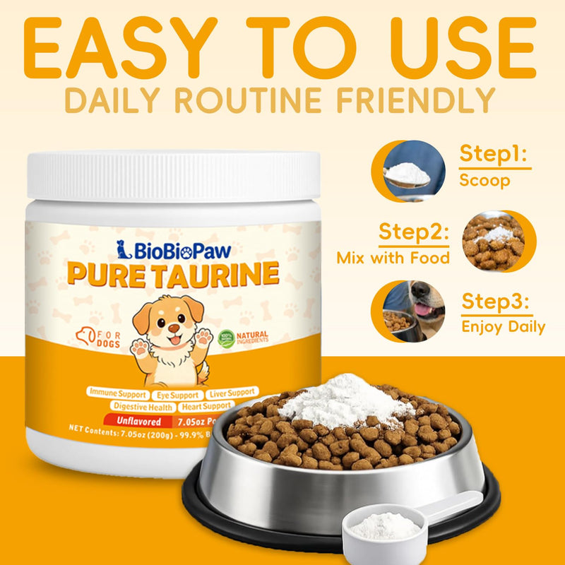 Pure Taurine for Dogs Taurine Powder Supplement for Pet Puppy 500mg Unflavored Easy-to-Mix Taurine Supplement for Doggy Supports Immune Heart Vision Skin & Coat Vitality Made in USA 200 Grams