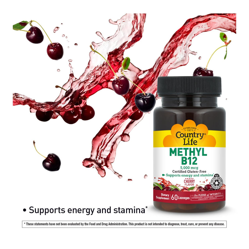 Country Life Methyl B12 5000mcg Lozenges, Vegan Energy Supplement 60 Count | Cherry lozenge for daily energy and stamina support. Certified vegan, gluten-free, kosher, and non-GMO verified 60 Count (Pack of 1)