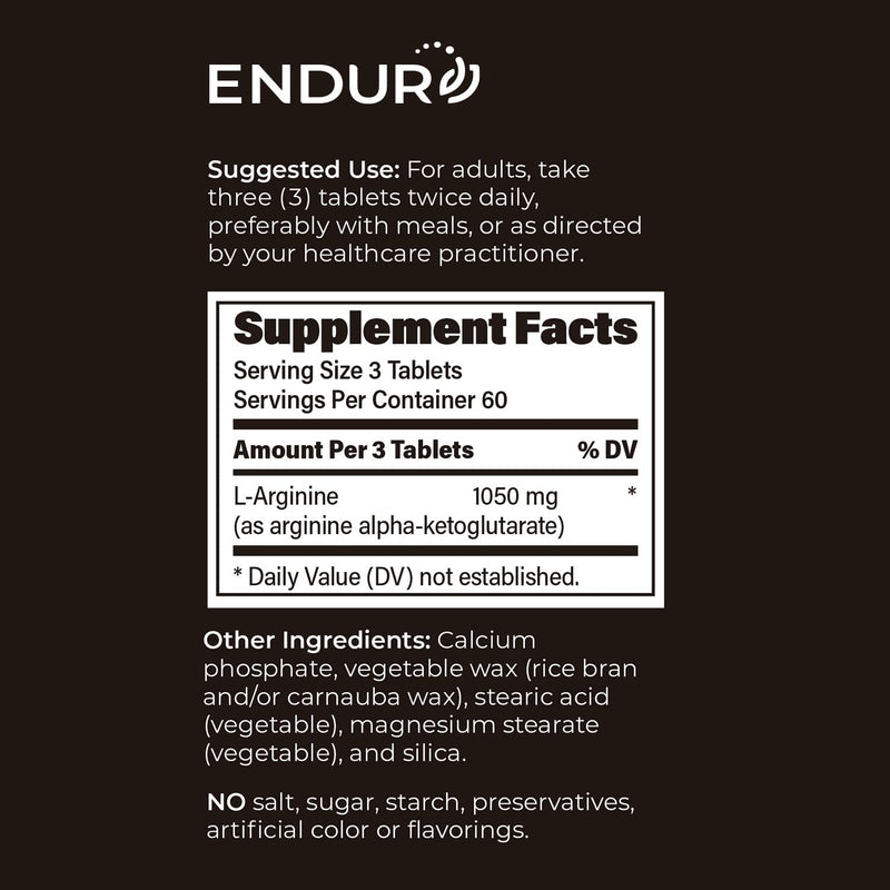 Endurance Products ENDUR - L-Arginine - 350 mg - Blood Flow & Heart Function Support - High-Potency - Supports Nitric Oxide Production for Overall Blood Flow & Vascular Health - 180 Tablets