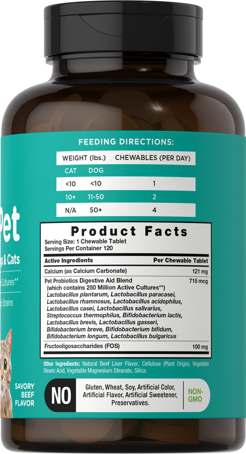 Horbäach Probiotics for Dogs & Cats | 120 Chewable Tablets | Digestive Aid | with 14 Probiotic Strains | Savory Beef Flavored Pet Supplement | by River & RULA 120 Count (Pack of 1) - PawsPlanet Australia
