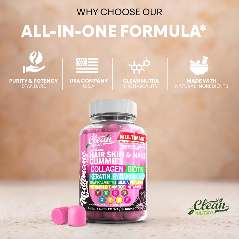Clean Nutraceuticals Biotin Collagen Keratin Gummies | Hair Skin and Nails Vitamins for Women | Hyaluronic Acid Bamboo Vitamin A C D3 E Folate with Saw Palmetto Silica B3 B12 Vegan Gummy 2
