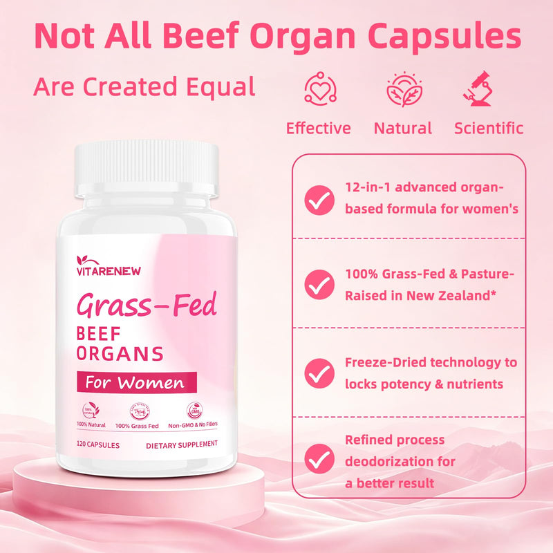 Beef Organ Supplement for Women - Grass-Fed Beef Liver, Uterus, Kidney, Heart & Pancreas with 5 Vitamins & 2 Herbs - Supports Hormone Balance, Energy & Immune - Pasture Raised - 120 Capsules