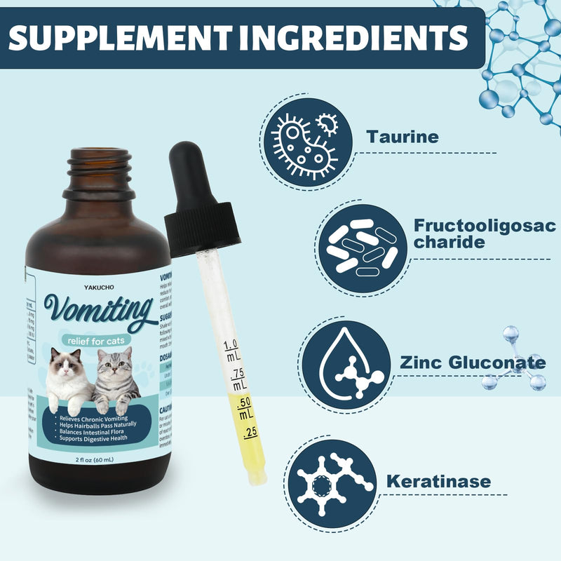 Vomiting Relief for Cats, Cat Vomit Remedy, Probiotic Digestive Support Liquid, Helps Reduce Hairballs, Relieve Sensitive Stomach & Support Gut Health, Gentle Daily Formula - 60mL