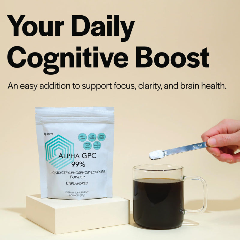 Alpha GPC Powder 99% Purity 500mg Extra Strength Brain Supplement for Focus & Mental Clarity Third Party Tested, Natural Choline, 170 Servings (3oz) Powder Form