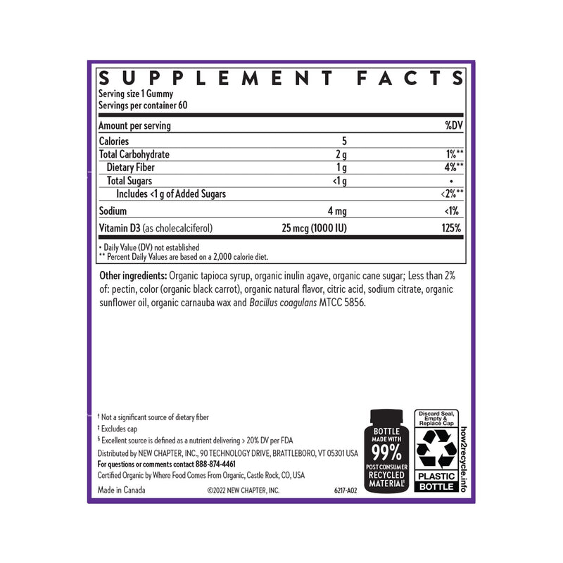 New Chapter USDA Organic Vitamin D3+ Gummies, 60 Count | 52% Less Sugar, 1,000 IU Vitamin D ONE Daily Gummy for Strong Bones and Muscle Function, Non-GMO, Gluten Free