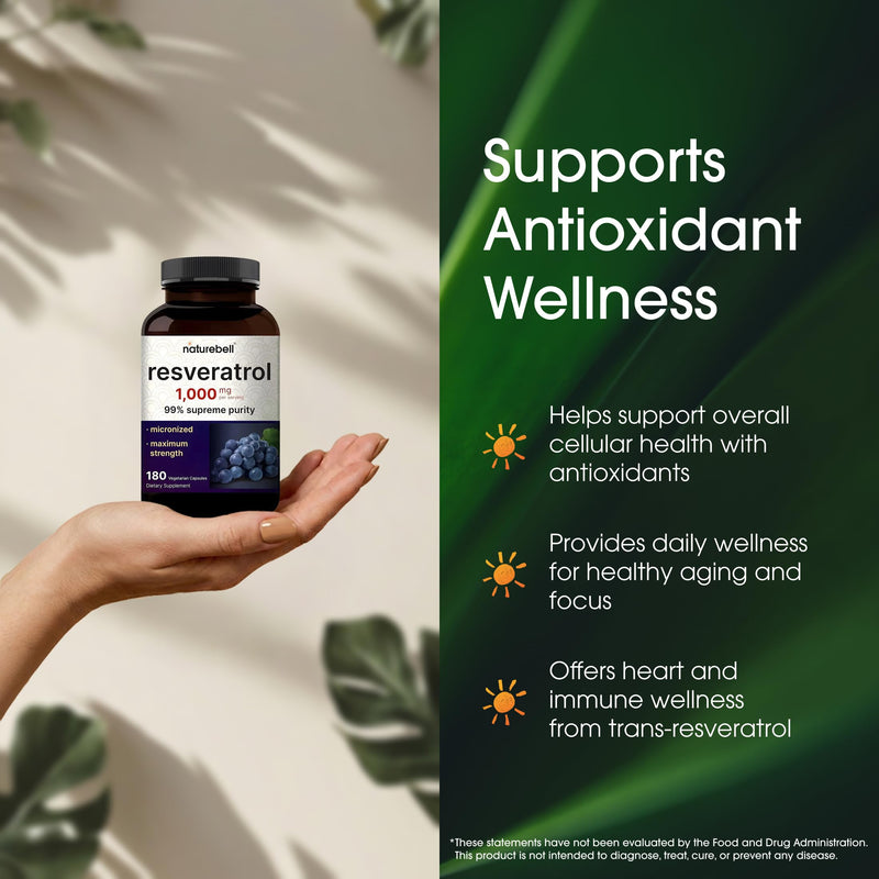 NatureBell Resveratrol - 180 Vegetarian Capsules - 1,000mg Polygonum Cuspidatum Extract - Antioxidant Support - Heart, Brain & Immune Wellness*
