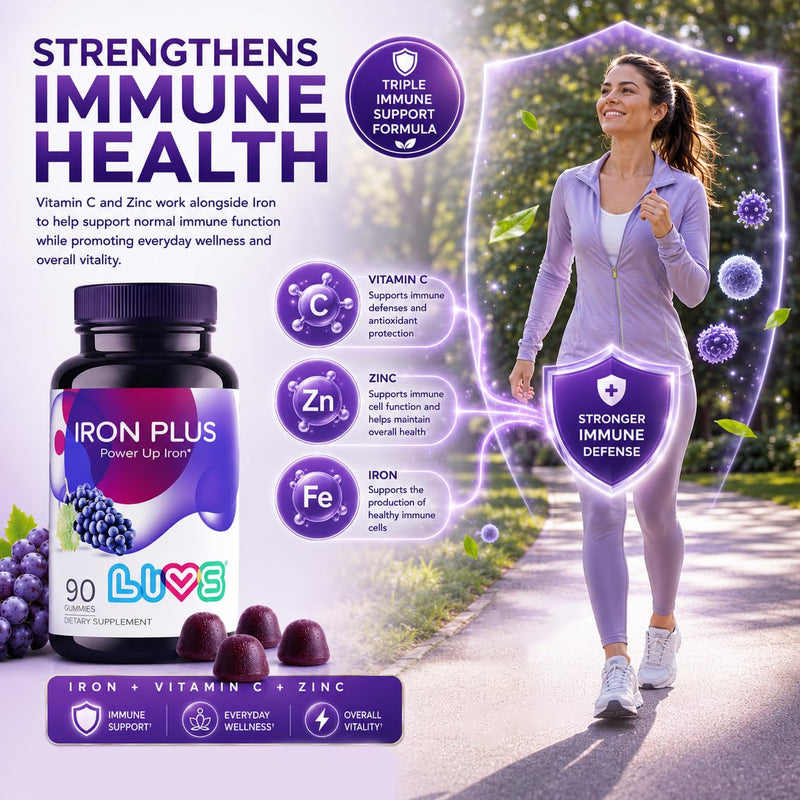 LIVS Iron Plus Gummies – 20mg Gentle Iron Supplement for Women & Men – Anemia Support – Vitamin C for Absorption – Biotin, Folate & B12 for Energy – Gluten Free, Vegan, Halal & Kosher – 180 Count Adults - Iron Plus 90 Count (Pack of 2)