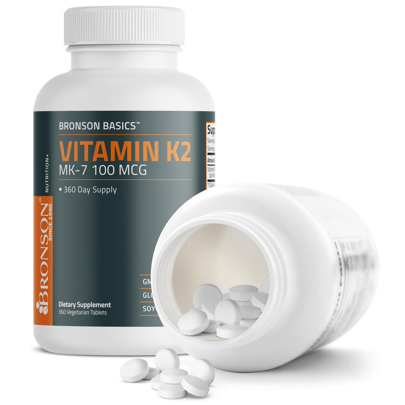 Bronson Vitamin K2 MK-7 100 mcg, K2 as MK7 Menaquinone, 360 Tablets | Helps Transport Calcium to Bones, Biologically Active Longer than Vitamin K1, Non-GMO, Gluten-Free & Soy-Free Unflavored 360 Count (Pack of 1)