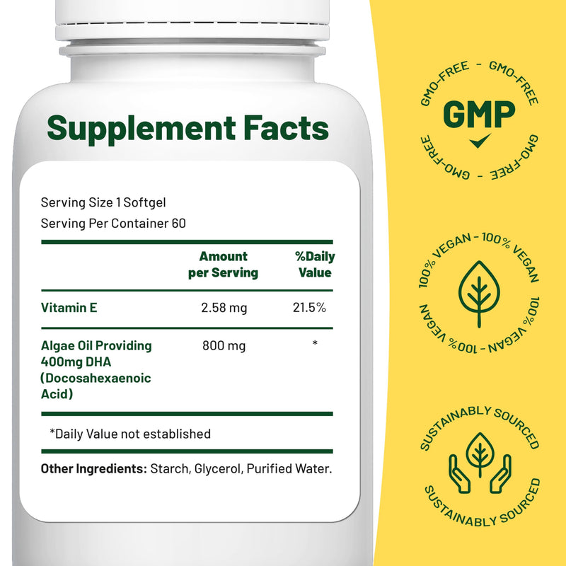 Vegan Vitality Vegan Omega 3 Supplement - 60 Plant Based Algae Oil Soft Gels Essential Fatty Acids with Vegan DHA for Joint, Heart & Immune Support Without EPA 1 Count (Pack of 1)