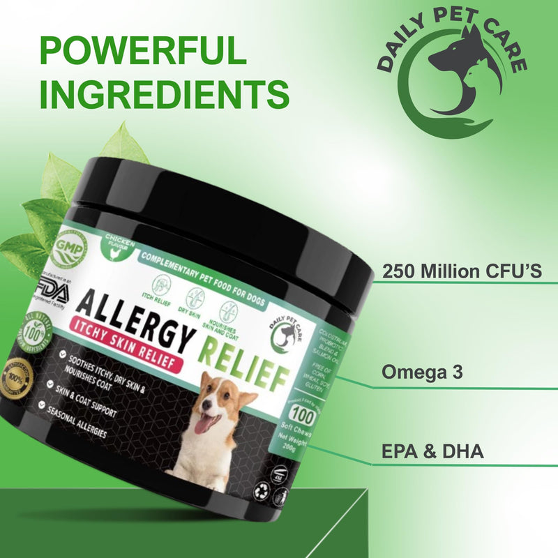 Dog Allergy & Itchy Skin Chews – Omega-3, Probiotics & Colostrum – Natural Hot Spot, Anti-Itch & Coat Support for Small, Medium & Large Dogs – Grain-Free, Vet-Recommended, Allergy Relief Chicken