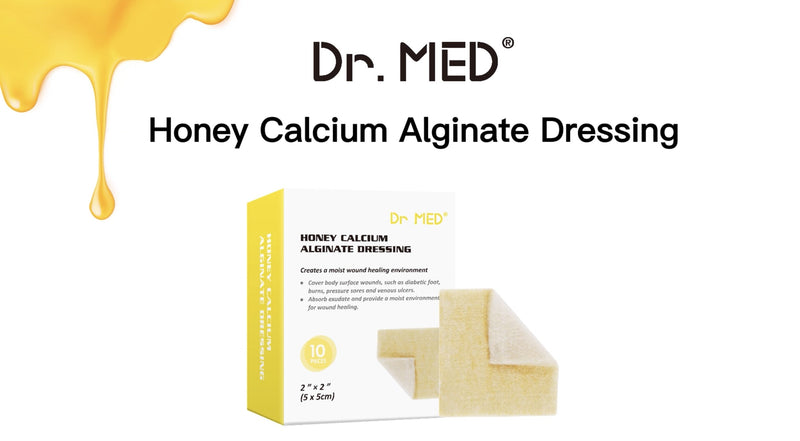 Dr. Med Manuka Honey Calcium Alginate Dressing 2"x2" (10 PCS/Box), Highly Absorbent dressings with Honey for Abrasions, Burns, Diabetic Foot, Pressure Sores and Venous Ulcers Faster Wound Care 2"x2" (10 Pack/Box)