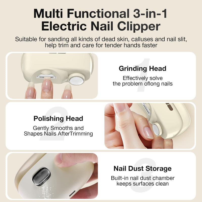 Electric Nail Clipper Set for Seniors/Adults/Children 2026 New Dual-Function Trimming and Filing System Professional Electric Nail Trimmer for Thick Nails Toe Nail Clippers Cream Color - BeesActive Australia