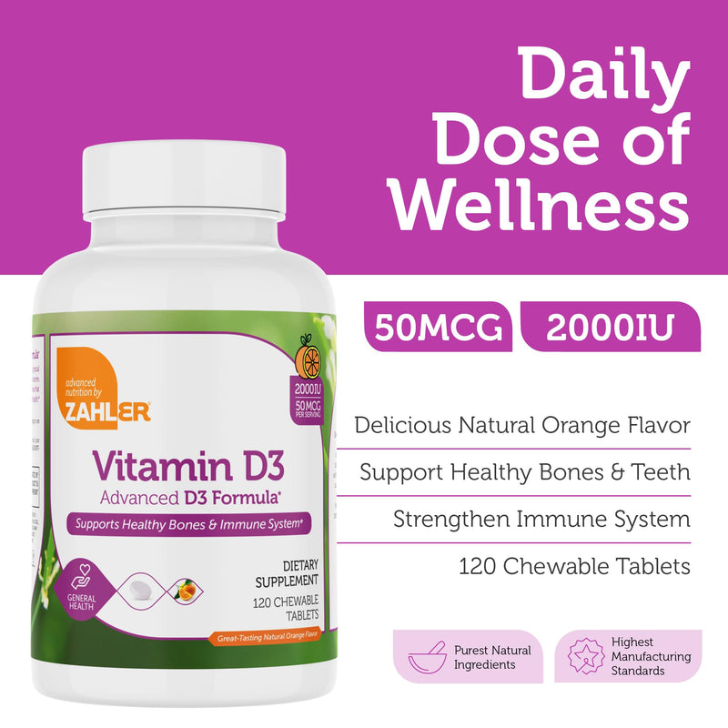 Zahler Vitamin D3 CHEWABLE 2000IU, an All-Natural Supplement Targeting Vitamin D Deficiencies, Certified Kosher, 120 Great Tasting Orange Flavored Tablets 120 Count (Pack of 1)