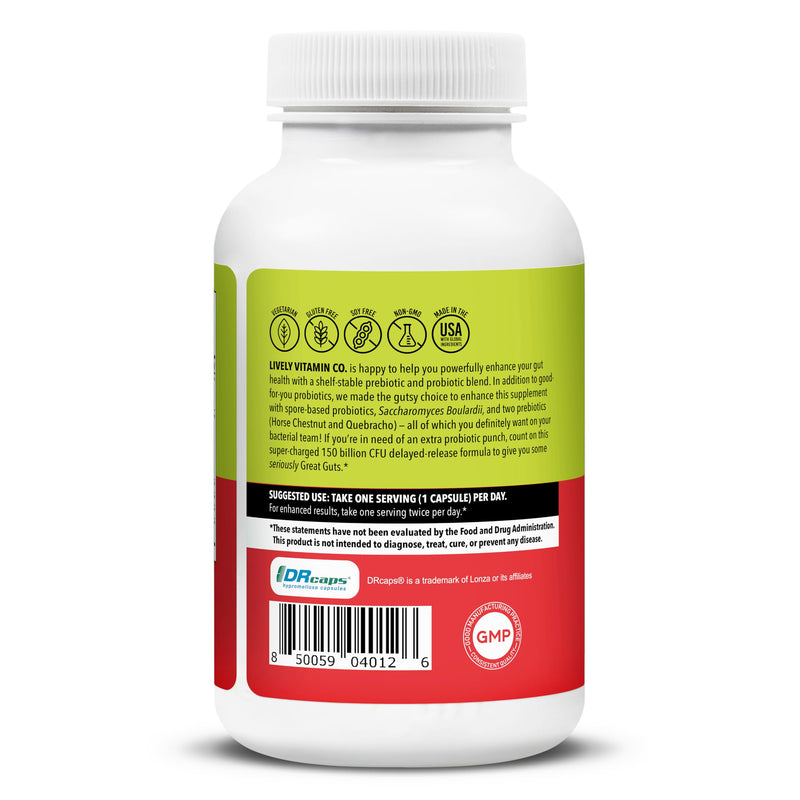 LIVELY VITAMIN CO. Great Guts Probiotic - 25 Billion CFU Probiotic - Balance Gut Microbiome, GI Tract, Inflammation, Indigestion, Reflux, Upset Stomach, & Diarrhea - 90 Caps 90 Count (Pack of 1)