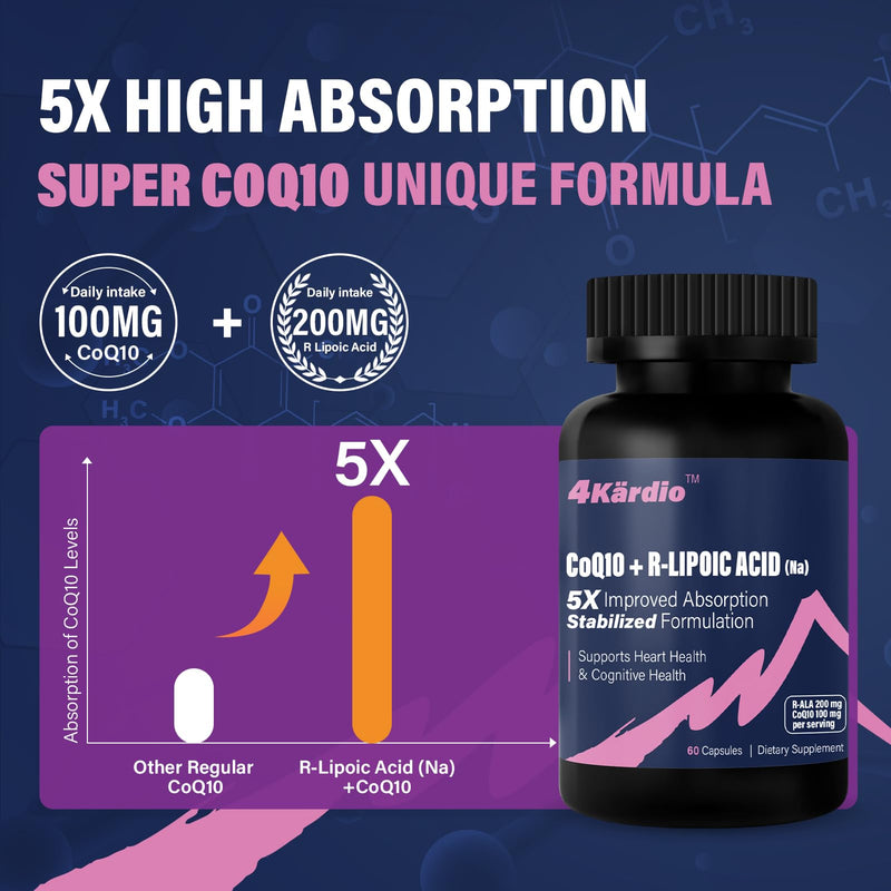 CoQ10 100mg + R-Lipoic Acid 200mg per Serving, 1 Month Supply, Up to 5X Improved Absorption, R-Lipoic Acid/CoQ10 Supplement for Heart Health and Cognitive Health-60 Capsules