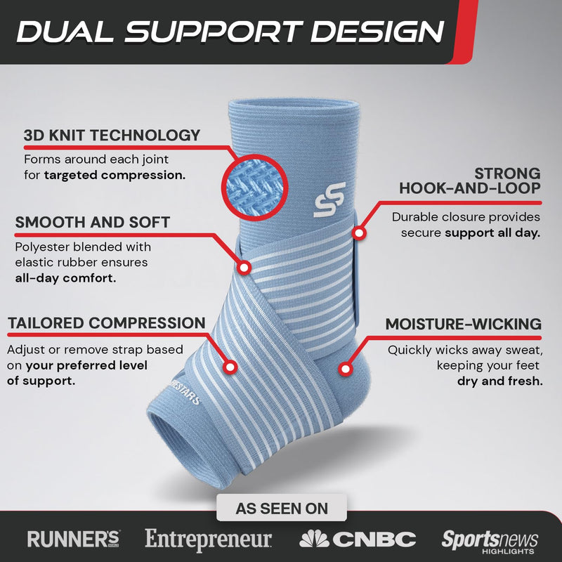 Sleeve Stars Ankle Brace for Women & Men, Ankle Wrap for Sprain, Compression Sleeve for Plantar Fasciitis Relief, Easy Customizable Support: w/ Removable Strap (Single/M:10"-12"/Light Blue) Medium Light Blue 1