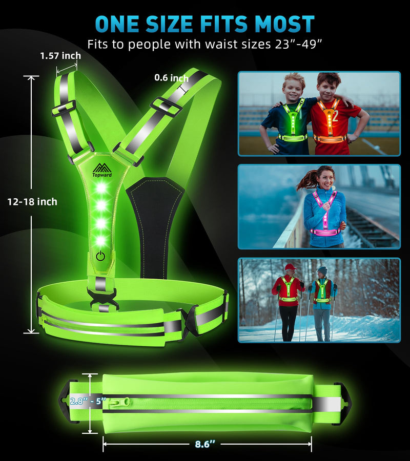 LED Reflective Vest Running Gear, USB-C Rechargeable, Light Up Lights for Night Dog Walking Cycling, Running Phone Holder Vest for Runners, High Visibility with Adjustable Waist/Shoulder green - BeesActive Australia