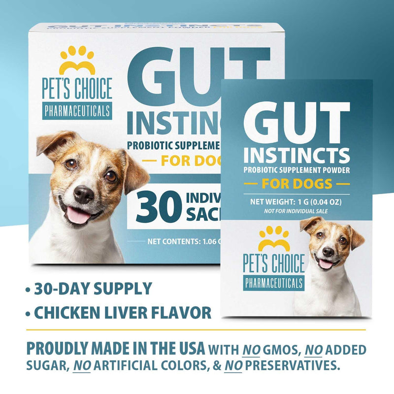 Pet's Choice Gut Instincts Probiotic Supplement Powder Packets for Dogs, 30 ct, Veterinary Formulated Dog Probiotics with Vitamins for Gut Health, Digestive Balance, Diarrhea Support, Chicken Flavor 30 count