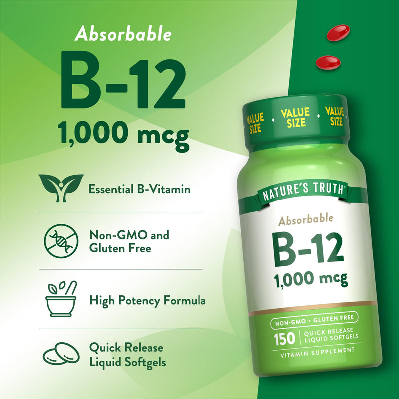 Nature's Truth Vitamin B12 | 1000 mcg | 150 Softgels | Non-GMO & Gluten Free Supplement 150 Count (Pack of 1)