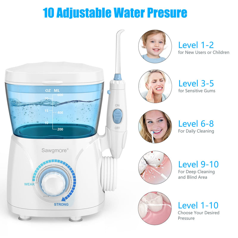 Water Flosser Oral Irrigator, 600 ml Large Capacity, 10 Adjustable Pressures, Electric Flosser for Teeth/Braces, 8 Home Nozzles Oral Irrigator(White) White - BeesActive Australia