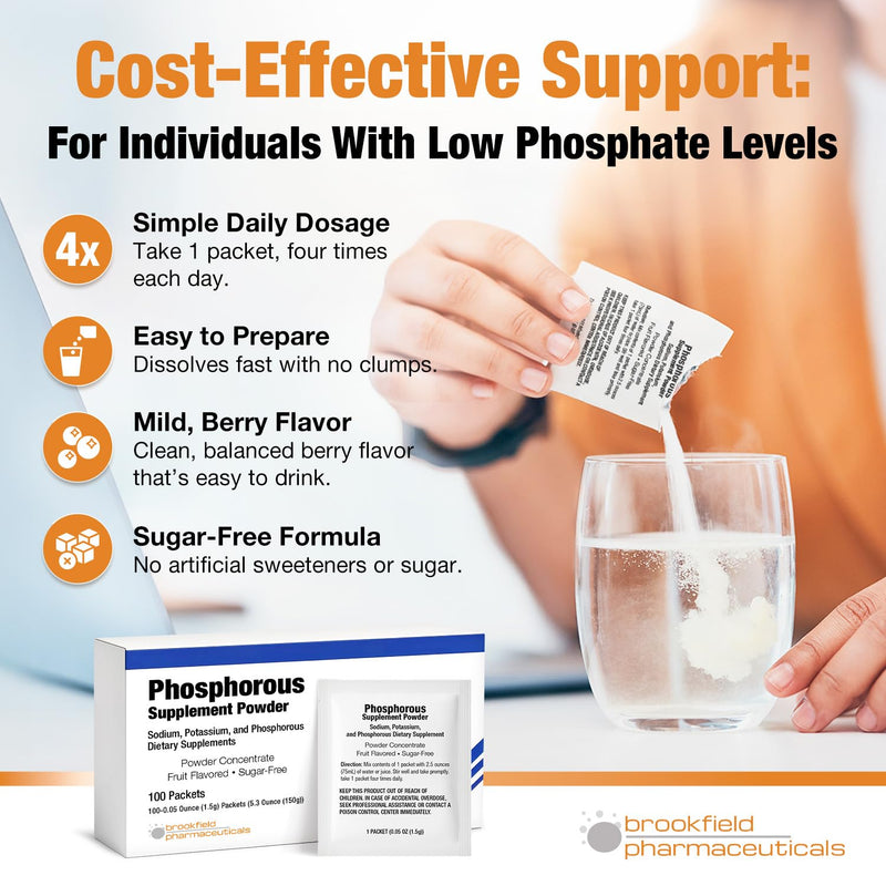 Phosphorus Supplements 100 Packets, Dietary Supplements Powder with Sodium Phosphate and Potassium Phosphate, Fruit Flavored Phosphorous Supplement Powder for Electrolyte, Bone Health & Kidney Health