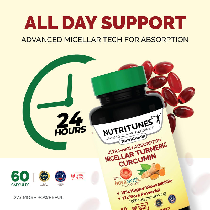 NutriCumin NovaSOL Turmeric Curcumin - 60 Softgels | Features Liposomal Delivery, Easy-to-Swallow Softgels, Allergen-Free Formula for Daily Joint and Mobility Support