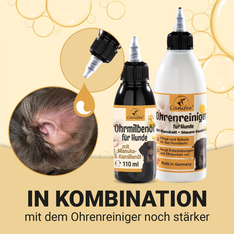 Canifee - Ear drops for dogs ear mite oil dog with manuka oil for yeast fungus and ear mites dog, 110ml bottle with finely adjustable dosing head, natural care oil against inflammation ear mite oil 110ml - BeesActive Australia