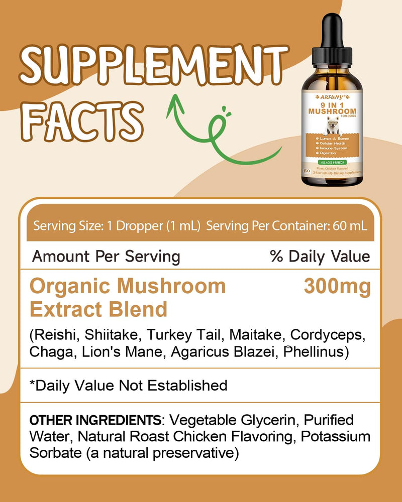 9 in 1 Mushroom for Dogs - Mushroom Supplement for Dogs - Digestive, Skin, Joint, Immune System - with 9 Mushrooms - Roast Chicken Flavor, 60ML