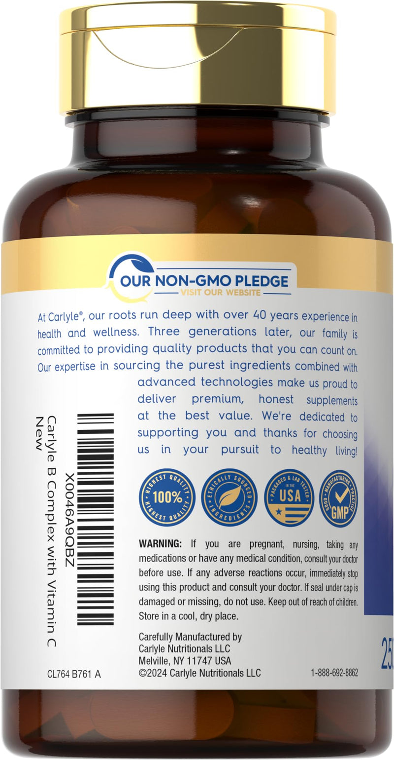 Carlyle B-Complex with Vitamin C & Folic Acid | 250 Caplets | For Women and Men | Vegetarian, Non-GMO, Gluten Free Supplement 250 Count (Pack of 1)