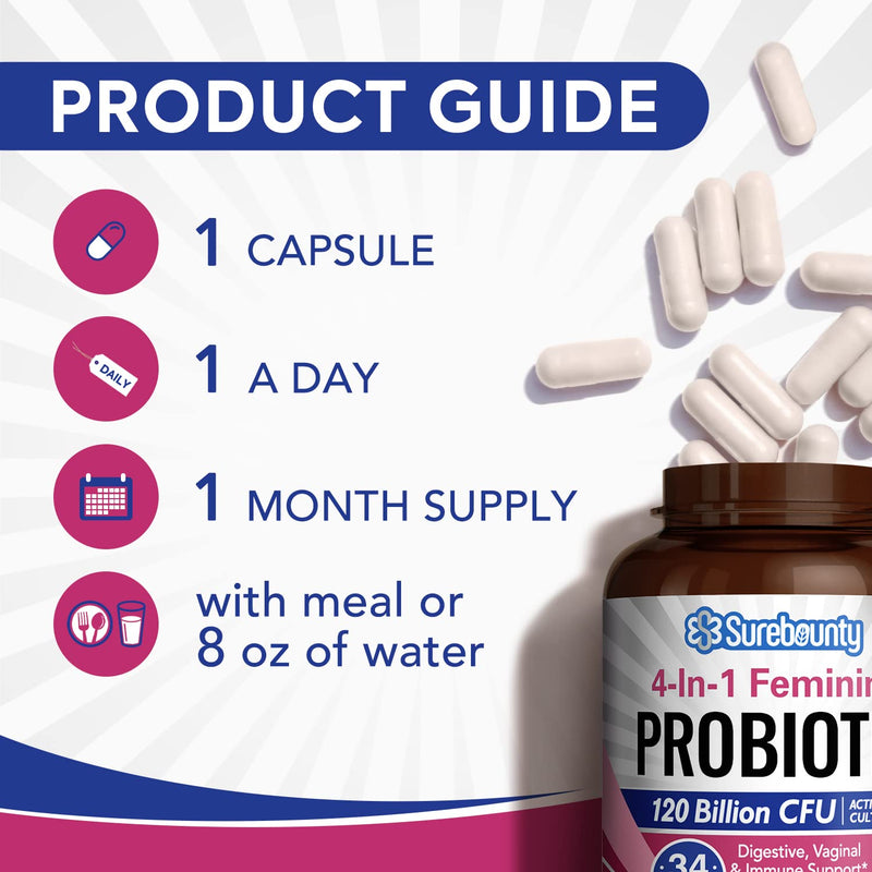 Probiotics for Women, 120 Billion CFU 34 Strains, Prebiotics, Digestive Enzymes, Cranberry, 4-in-1 Feminine Probiotic, Digestive, Vaginal, Immune Support, 60ct (Pack of 2) 30 Count (Pack of 2)