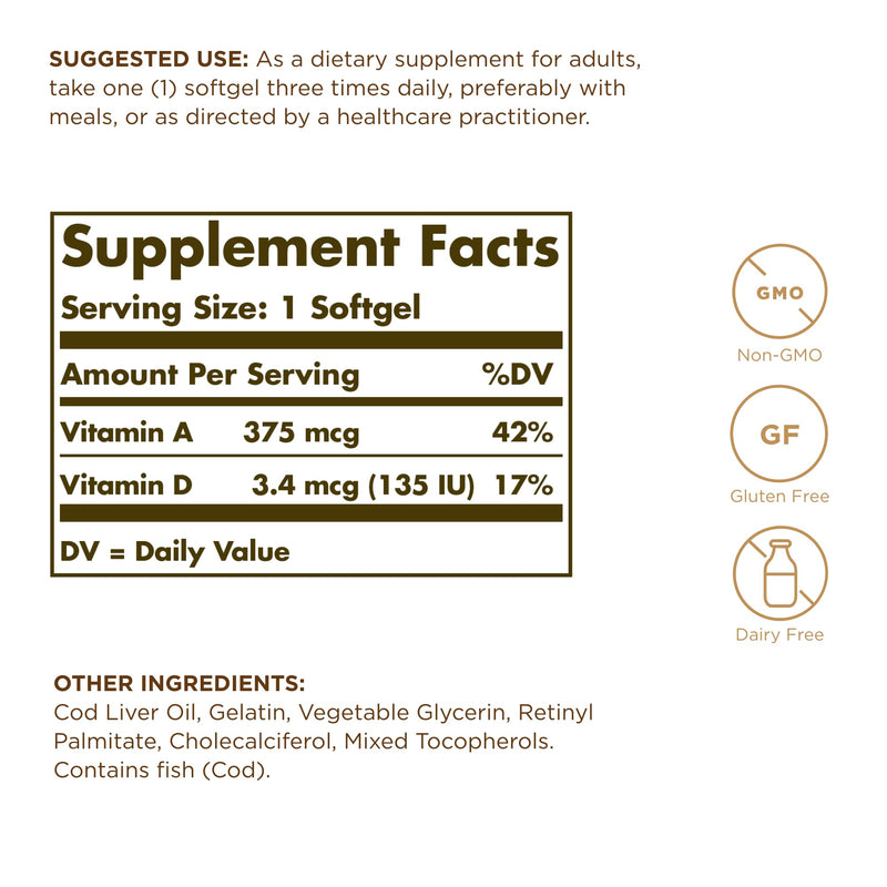 Solgar Cod Liver Oil - 100 Softgels, Pack of 3 - Provides Vitamins A & D - Non-GMO, Gluten Free - 300 Total Servings 100 Count (Pack of 3)