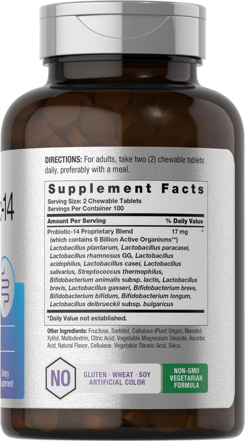 Horbäach Probiotics 6 Billion CFUs | 200 Chewable Tablets | Berry Flavor | 14 Probiotic Strains | Vegetarian, Non-GMO & Gluten Free Supplement for Men & Women