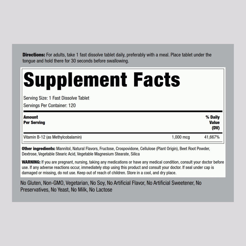 Piping Rock Vitamin B12 1000 mcg Sublingual | 120 Tablets | As Methylcobalamin | Berry Flavor | Vegetarian, Non-GMO, Gluten Free Supplement